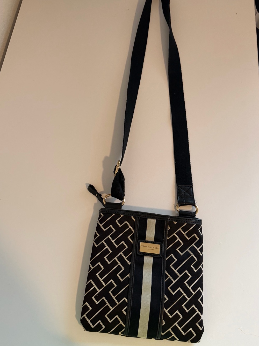 Tommy Hilfiger Black and Cream Geometric Crossbody Bag